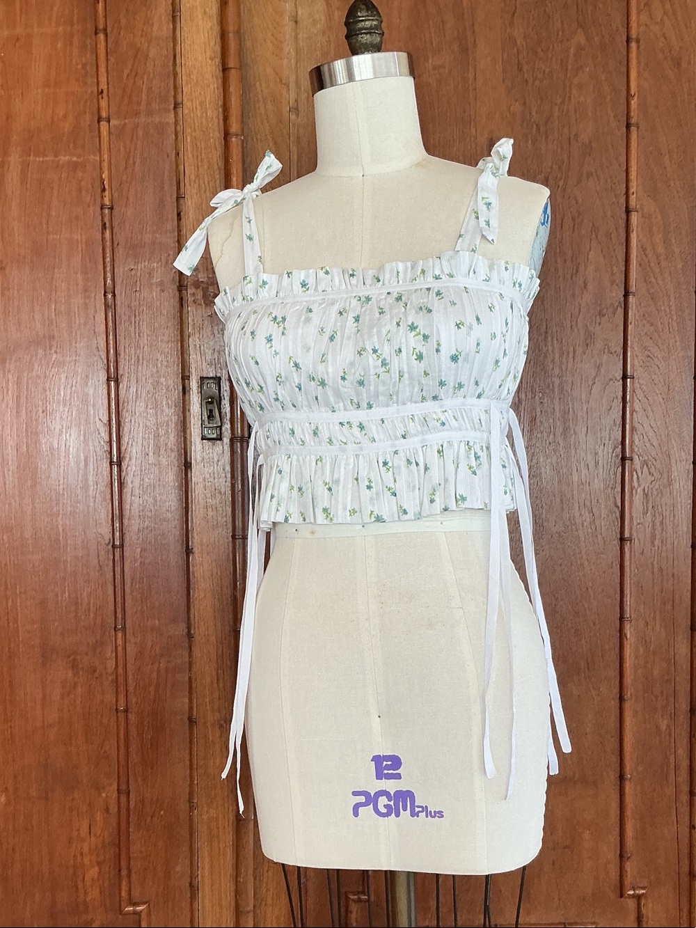 White Floral Tie-Shoulder Smocked Ruffle Crop Top